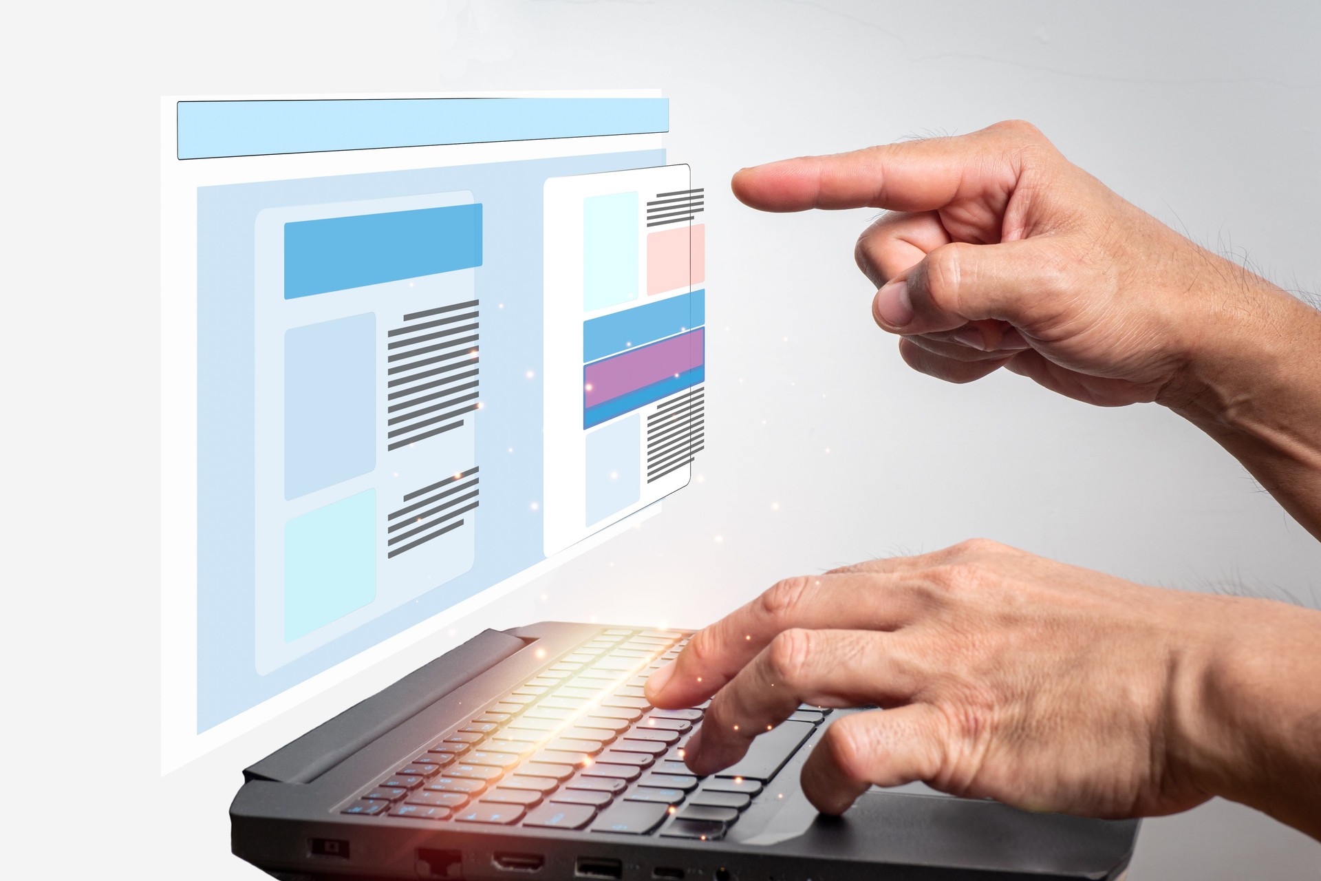 Web designer, application developer, creative planning Pointing at a screen with a 3D template to create a website.